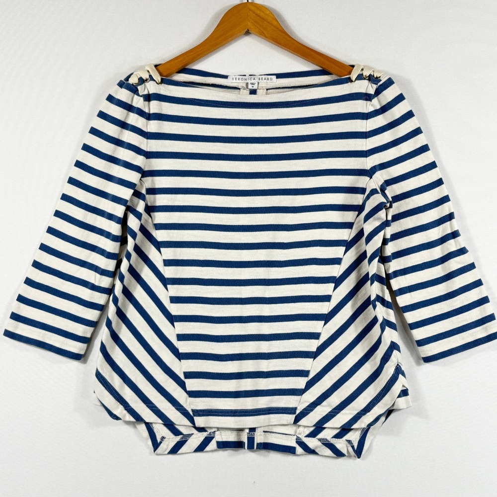 Veronica Beard Striped Top Women Medium Blue White Nautical Lace Shoulder Preppy